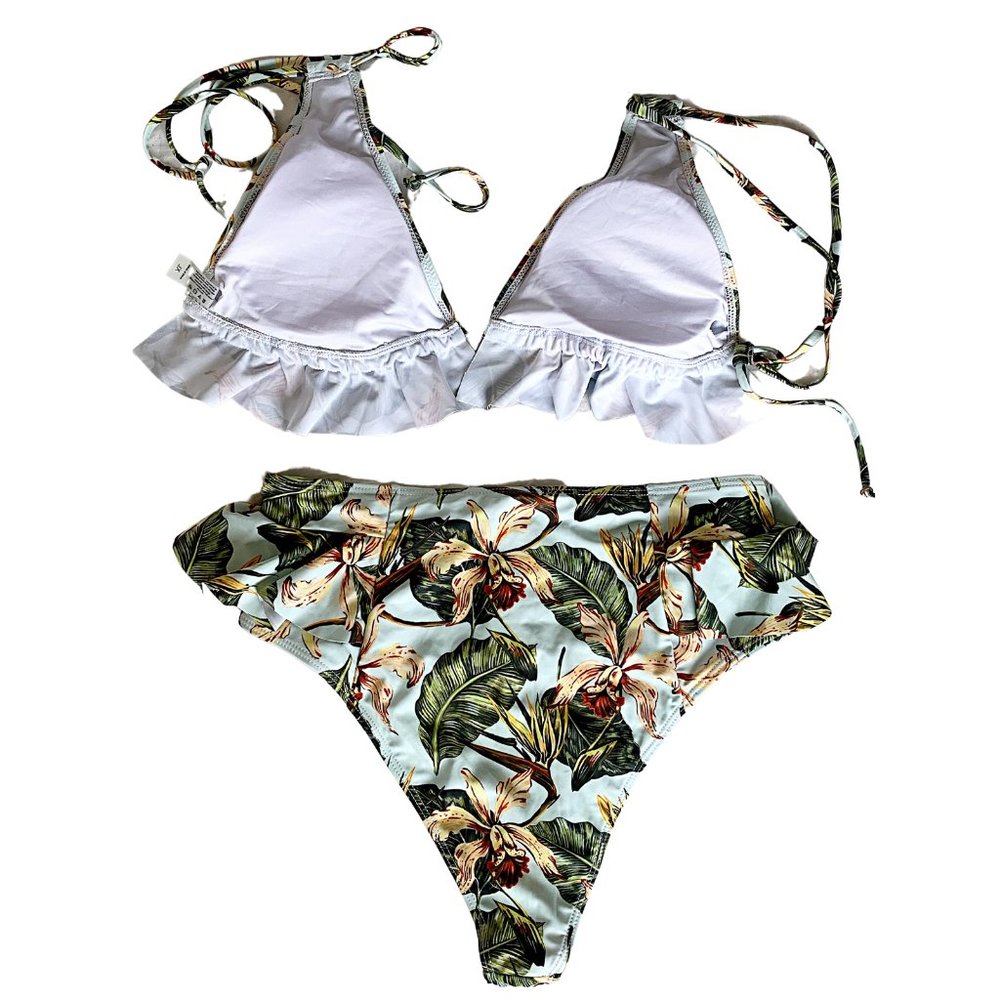 Tropical Palm High Waisted Ruffle Bikini Set - Picture 7 of 10